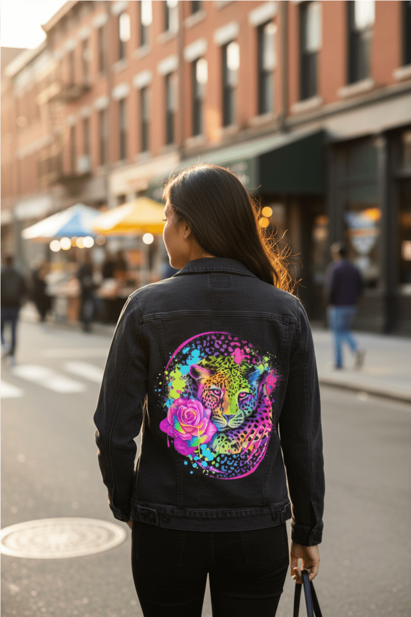 city scape of women wearing NEON RAINBOW LEOPARD2 by SHEENA PIKE, digitally printed on black denim jacket by DenimINK