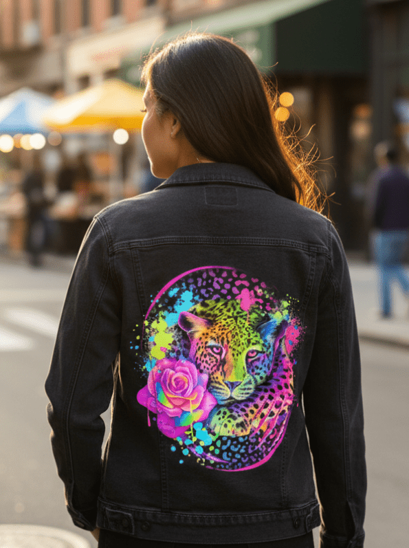 closeup of back of lady wearing NEON RAINBOW LEOPARD2 by SHEENA PIKE, digitally printed on black denim jacket by DenimINK