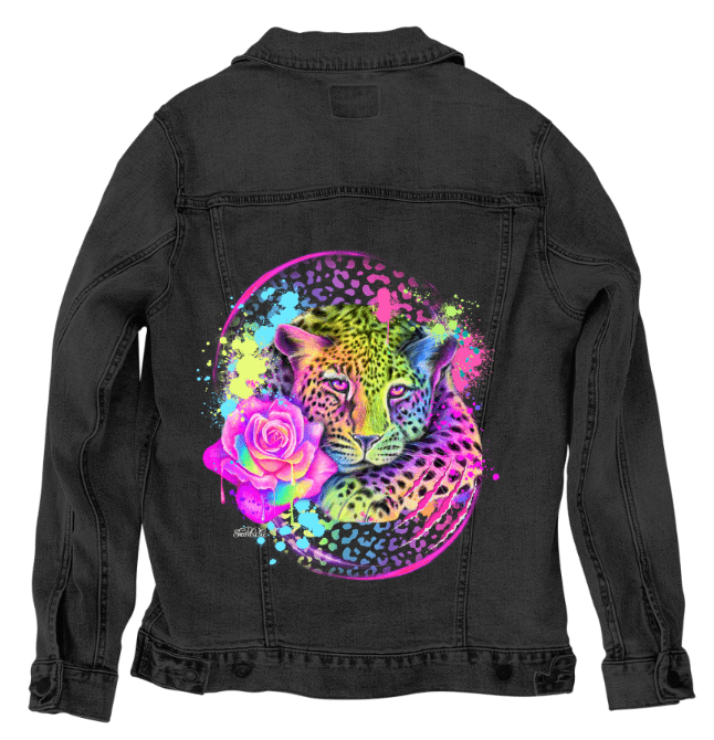 NEON RAINBOW LEOPARD2 by SHEENA PIKE, digitally printed on DENIM black jacket