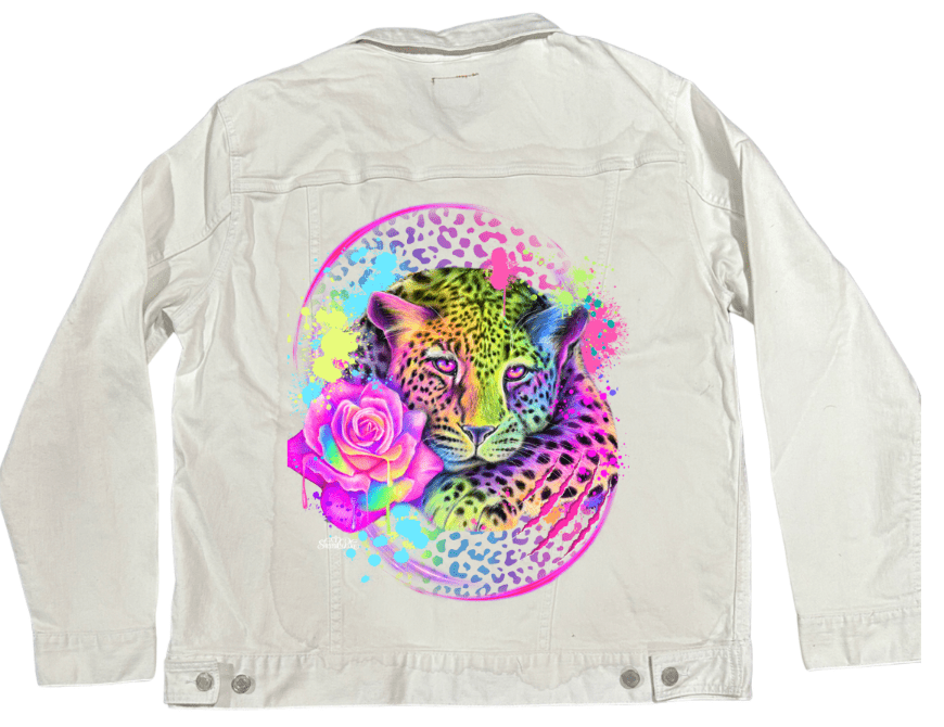NEON RAINBOW LEOPARD2 by SHEENA PIKE, digitally printed on DENIM white jacket