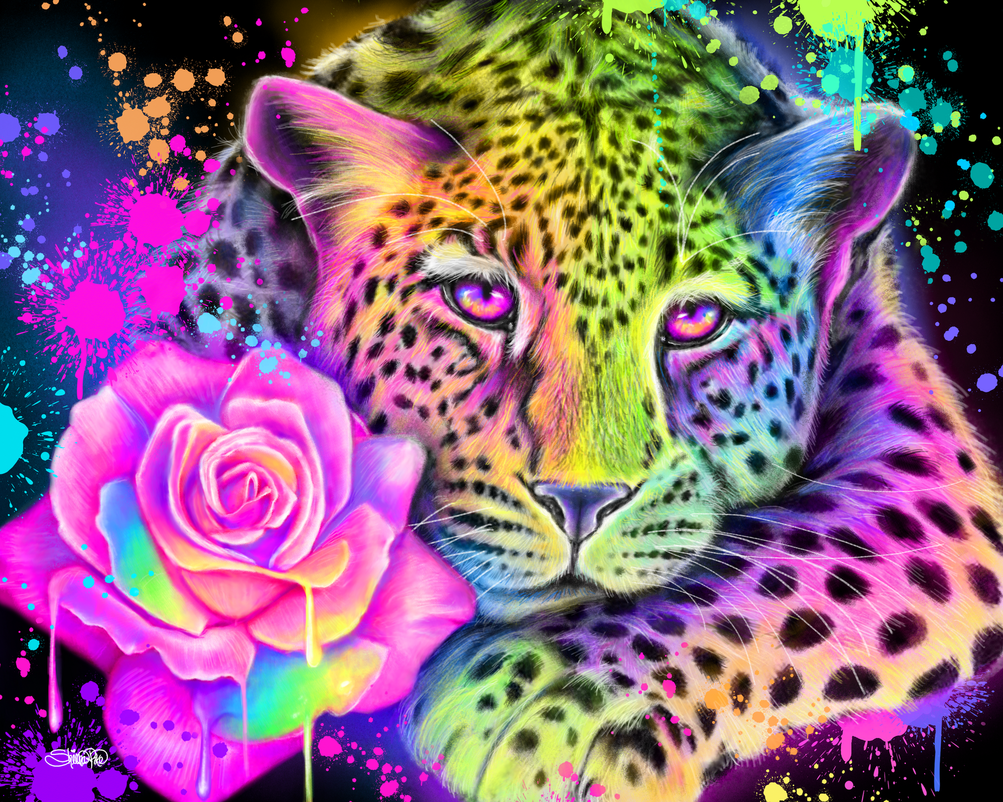 NEON RAINBOW LEOPARD by SHEENA PIKE, digitally printed on DENIM products: throw pillows, aprons, table place mats, and hand-made Unisex Denim Jackets in 3 color choices