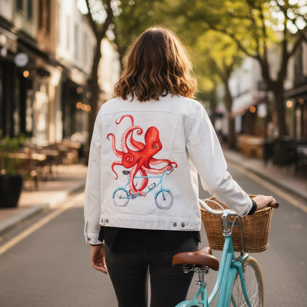 OCTOPUS RIDING A BICYCLE by AMELIA LEGAULT, digitally printed on DENIM products: throw pillows, aprons, table place mats, and hand-made Unisex Denim Jackets in 3 color choices