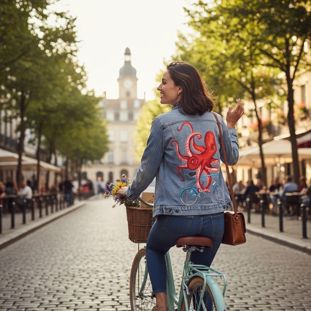OCTOPUS RIDING A BICYCLE by AMELIA LEGAULT, digitally printed on DENIM products: throw pillows, aprons, table place mats, and hand-made Unisex Denim Jackets in 3 color choices OCTOPUS RIDING A BICYCLE by AMELIA LEGAULT, digitally printed on DENIM products: throw pillows, aprons, table place mats, and hand-made Unisex Denim Jackets in 3 color choices