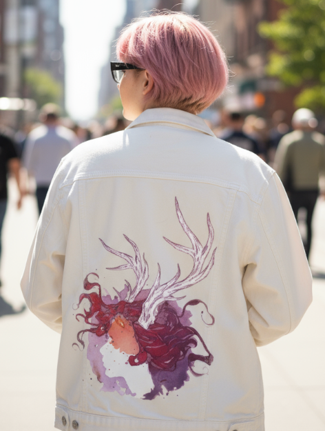 PAGAN QUEEN by JESS ADAMS, digitally printed on DENIM products: throw pillows, aprons, table place mats, and hand-made Unisex Denim Jackets in 3 color choices