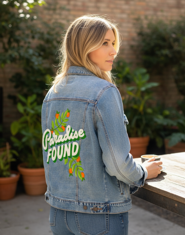 PARADISE FOUND by IndySign, digitally printed on DENIM products: throw pillows, aprons, table place mats, and hand-made Unisex Denim Jackets in 3 color choices
