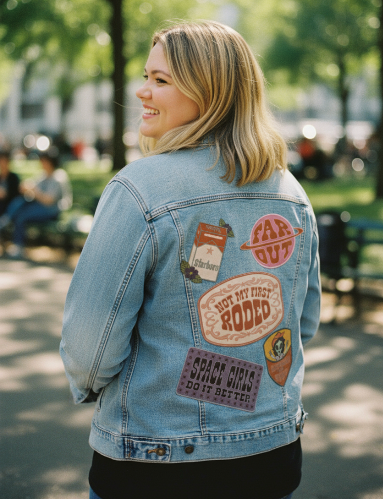 PATCHES ALL NoBG by KITSCH AND CURATE, digitally printed on a hand-made Unisex Denim Jacket
