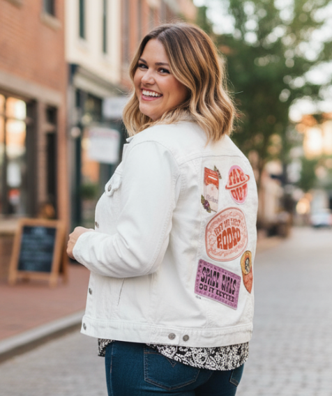 PATCHES ALL NoBG by KITSCH AND CURATE, digitally printed on DENIM products: throw pillows, aprons, table place mats, and hand-made Unisex Denim Jackets in 3 color choices