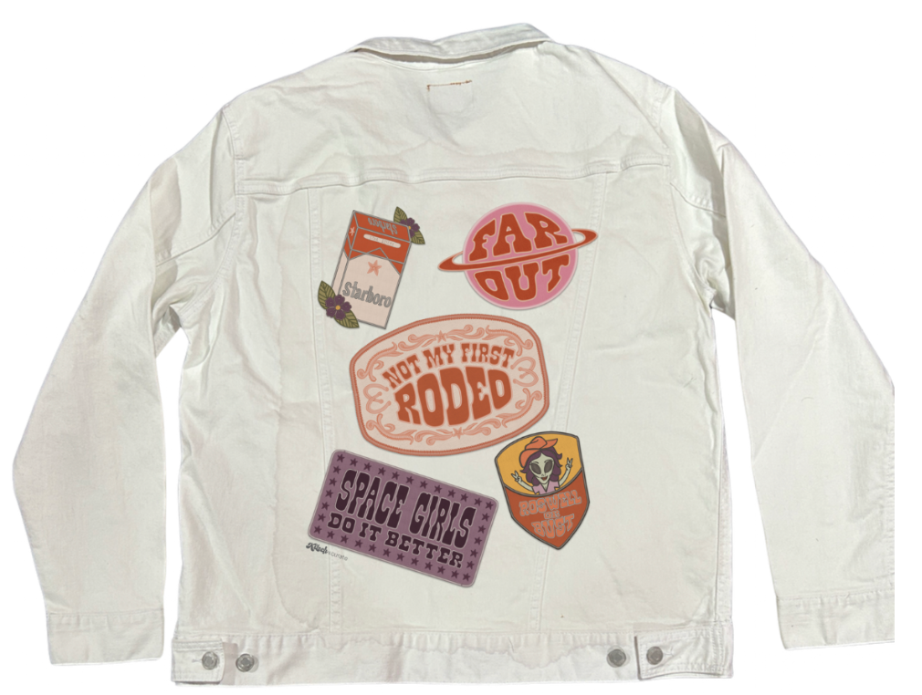 PATCHES ALL NoBG by KITSCH AND CURATE, digitally printed on DENIM products: throw pillows, aprons, table place mats, and hand-made Unisex Denim Jackets in 3 color choices