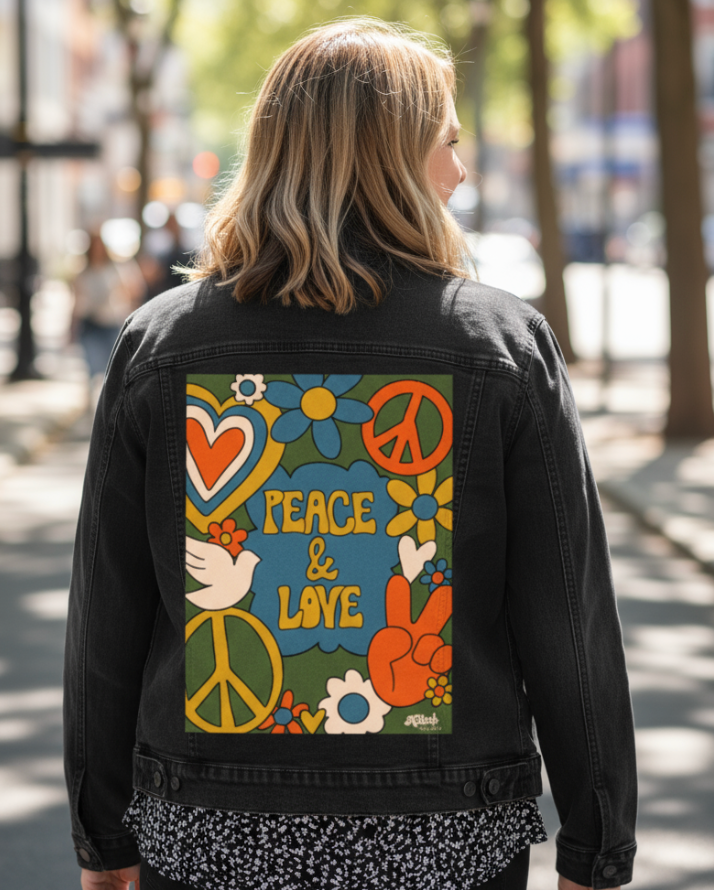 PEACE AND LOVE GREEN by KITSCH AND CURATE, digitally printed on DENIM products: throw pillows, aprons, table place mats, and hand-made Unisex Denim Jackets in 3 color choices