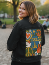 PEACE AND LOVE GREEN by KITSCH AND CURATE, digitally printed on a hand-made Unisex Denim Jacket