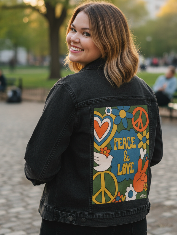 PEACE AND LOVE GREEN by KITSCH AND CURATE, digitally printed on DENIM products: throw pillows, aprons, table place mats, and hand-made Unisex Denim Jackets in 3 color choices