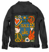 PEACE AND LOVE GREEN by KITSCH AND CURATE, digitally printed on a hand-made Unisex Denim Jacket