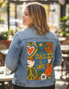 PEACE AND LOVE GREEN by KITSCH AND CURATE, digitally printed on a hand-made Unisex Denim Jacket