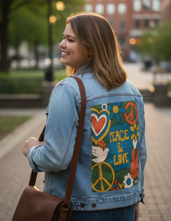 PEACE AND LOVE GREEN by KITSCH AND CURATE, digitally printed on DENIM products: throw pillows, aprons, table place mats, and hand-made Unisex Denim Jackets in 3 color choices