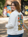 PEACE AND LOVE GREEN by KITSCH AND CURATE, digitally printed on a hand-made Unisex Denim Jacket