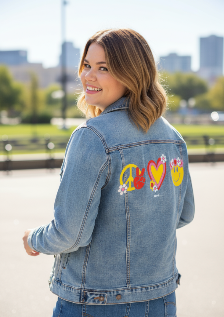 PEACE LOVE HAPPINESS by KITSCH AND CURATE, digitally printed on DENIM products: throw pillows, aprons, table place mats, and hand-made Unisex Denim Jackets in 3 color choices