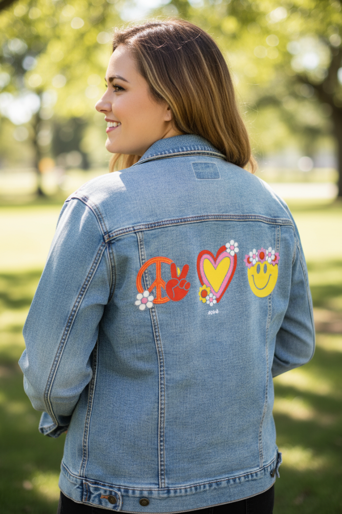 PEACE LOVE HAPPINESS by KITSCH AND CURATE, digitally printed on DENIM products: throw pillows, aprons, table place mats, and hand-made Unisex Denim Jackets in 3 color choices