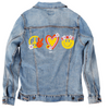 PEACE LOVE HAPPINESS by KITSCH AND CURATE, digitally printed on a hand-made Unisex Denim Jacket