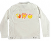 PEACE LOVE HAPPINESS by KITSCH AND CURATE, digitally printed on a hand-made Unisex Denim Jacket