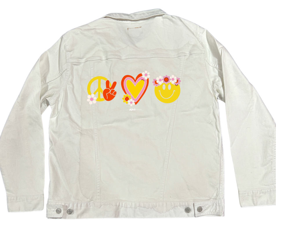 PEACE LOVE HAPPINESS by KITSCH AND CURATE, digitally printed on DENIM products: throw pillows, aprons, table place mats, and hand-made Unisex Denim Jackets in 3 color choices