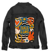 PEACE LOVE STRIPES by KITSCH AND CURATE, digitally printed on a hand-made Unisex Denim Jacket