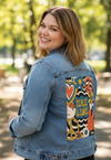PEACE LOVE STRIPES by KITSCH AND CURATE, digitally printed on a hand-made Unisex Denim Jacket
