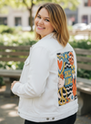 PEACE LOVE STRIPES by KITSCH AND CURATE, digitally printed on a hand-made Unisex Denim Jacket
