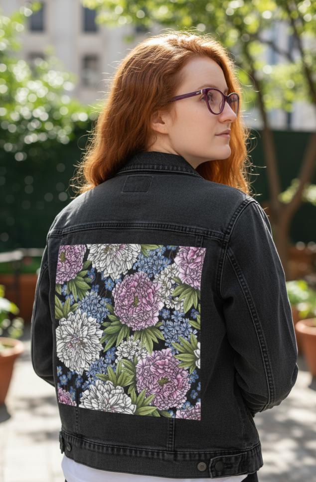 PEONIES by CECILIA BATTAINI, digitally printed on DENIM products: throw pillows, aprons, table place mats, and hand-made Unisex Denim Jackets in 3 color choices