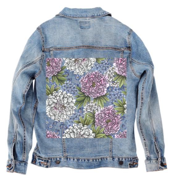 PEONIES by CECILIA BATTAINI, digitally printed on DENIM products: throw pillows, aprons, table place mats, and hand-made Unisex Denim Jackets in 3 color choices