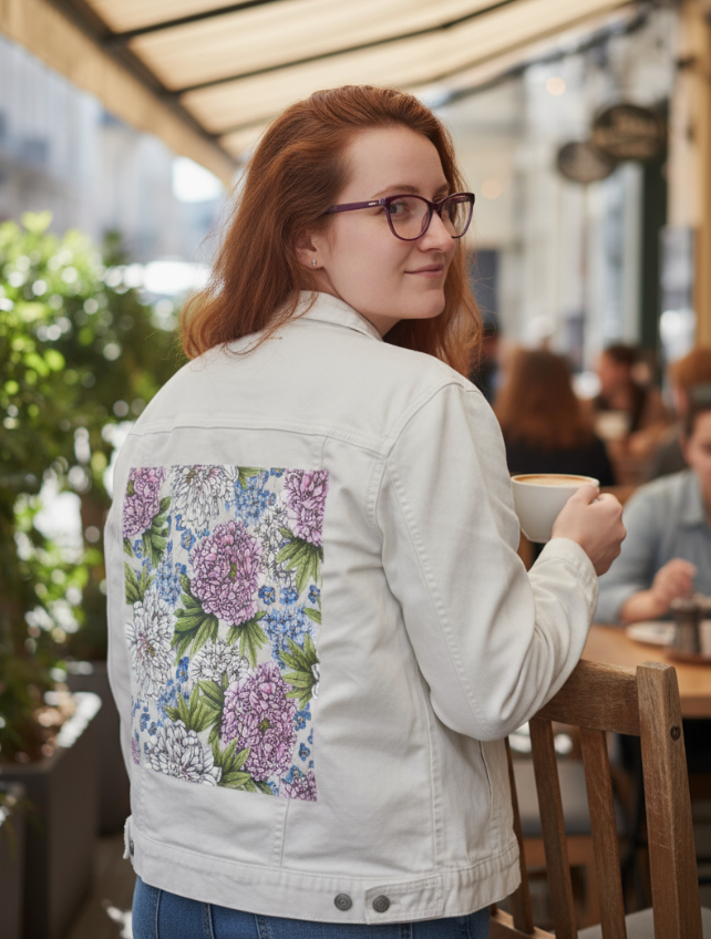 PEONIES by CECILIA BATTAINI, digitally printed on DENIM products: throw pillows, aprons, table place mats, and hand-made Unisex Denim Jackets in 3 color choices