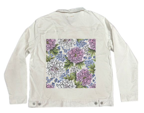 PEONIES by CECILIA BATTAINI, digitally printed on DENIM products: throw pillows, aprons, table place mats, and hand-made Unisex Denim Jackets in 3 color choices
