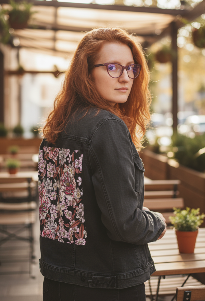 PINK AFTERNOON by CECILIA BATTAINI, digitally printed on DENIM products: throw pillows, aprons, table place mats, and hand-made Unisex Denim Jackets in 3 color choices