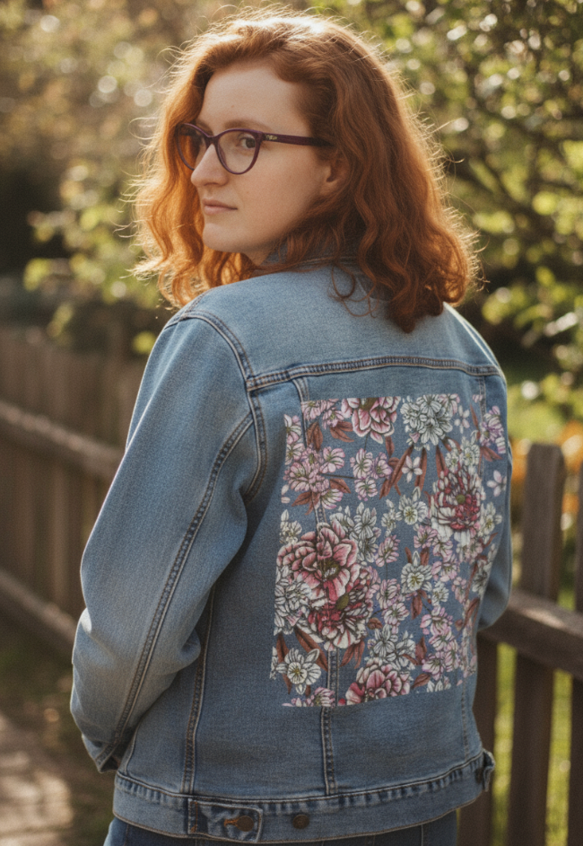 PINK AFTERNOON by CECILIA BATTAINI, digitally printed on DENIM products: throw pillows, aprons, table place mats, and hand-made Unisex Denim Jackets in 3 color choices