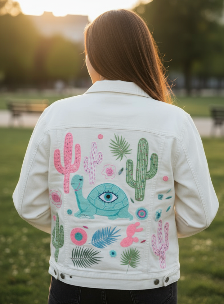PINK CAMEL by HEND SHEHATA, digitally printed on a hand-made Unisex Denim Jacket