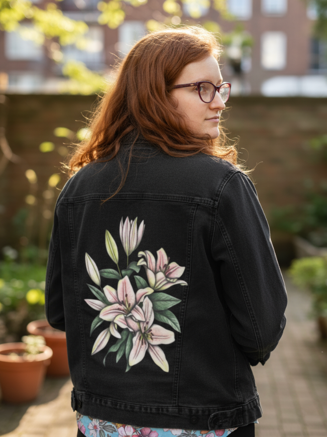 PINK LILIES by CECILIA BATTAINI, digitally printed on DENIM products: throw pillows, aprons, table place mats, and hand-made Unisex Denim Jackets in 3 color choices