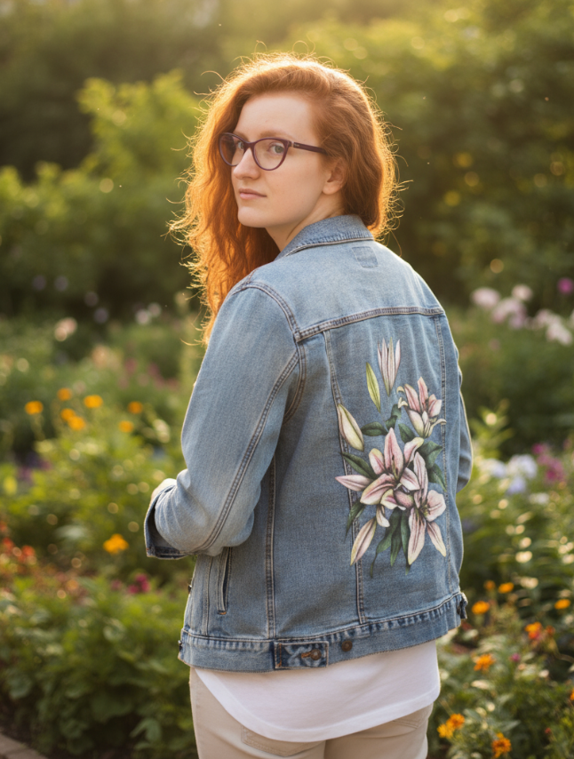 PINK LILIES by CECILIA BATTAINI, digitally printed on DENIM products: throw pillows, aprons, table place mats, and hand-made Unisex Denim Jackets in 3 color choices