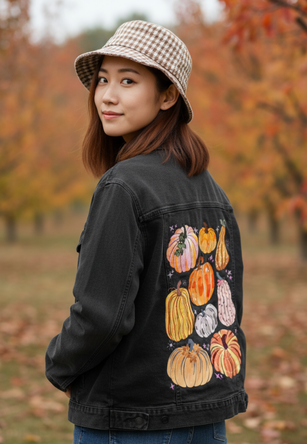 PUMPKINS GALORE by thearticsoul, digitally printed on DENIM products: throw pillows, aprons, table place mats, and hand-made Unisex Denim Jackets in 3 color choices