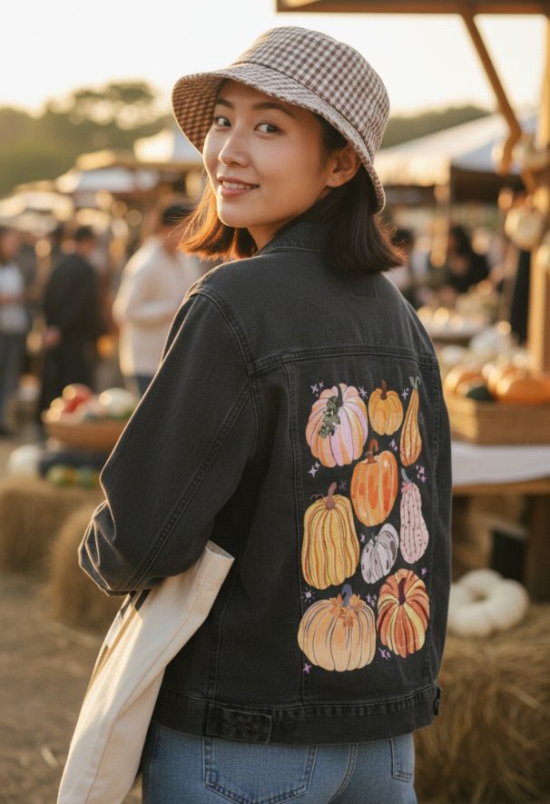 PUMPKINS GALORE by thearticsoul, digitally printed on DENIM products: throw pillows, aprons, table place mats, and hand-made Unisex Denim Jackets in 3 color choices