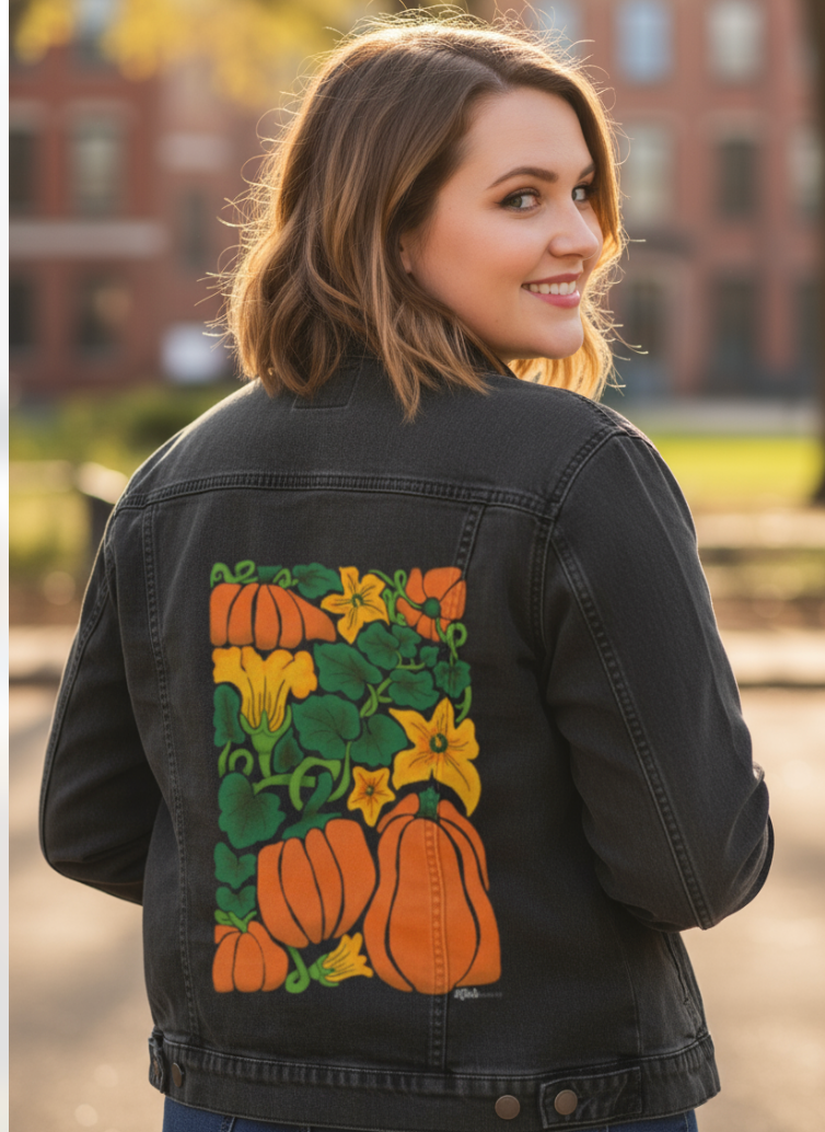 PUMPKIN by KITSCH AND CURATE, digitally printed on DENIM products: throw pillows, aprons, table place mats, and hand-made Unisex Denim Jackets in 3 color choices