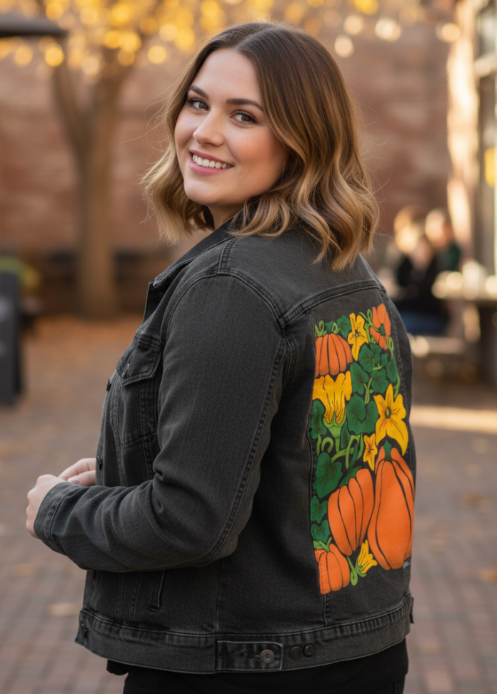 PUMPKIN by KITSCH AND CURATE, digitally printed on DENIM products: throw pillows, aprons, table place mats, and hand-made Unisex Denim Jackets in 3 color choices