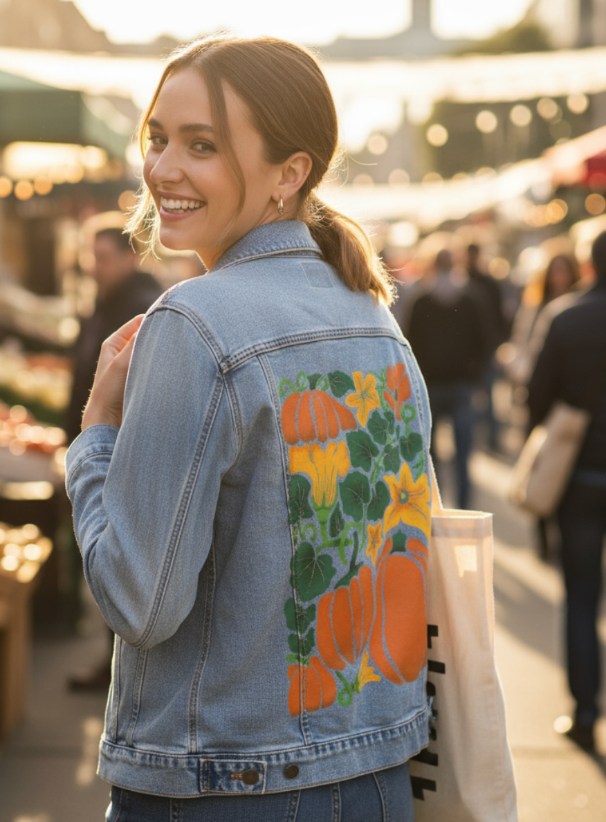 PUMPKIN by KITSCH AND CURATE, digitally printed on DENIM products: throw pillows, aprons, table place mats, and hand-made Unisex Denim Jackets in 3 color choices