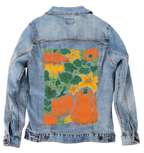 PUMPKIN by KITSCH AND CURATE, digitally printed on DENIM products: throw pillows, aprons, table place mats, and hand-made Unisex Denim Jackets in 3 color choices