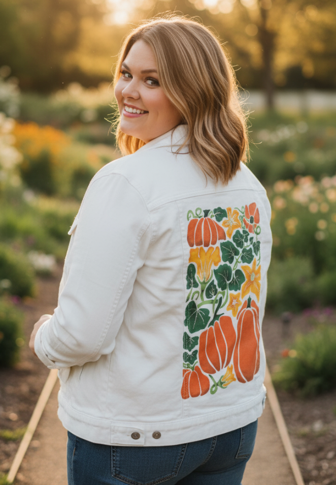 PUMPKIN by KITSCH AND CURATE, digitally printed on DENIM products: throw pillows, aprons, table place mats, and hand-made Unisex Denim Jackets in 3 color choices