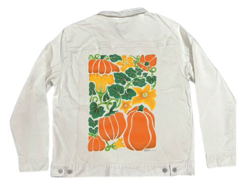 PUMPKIN by KITSCH AND CURATE, digitally printed on DENIM products: throw pillows, aprons, table place mats, and hand-made Unisex Denim Jackets in 3 color choices
