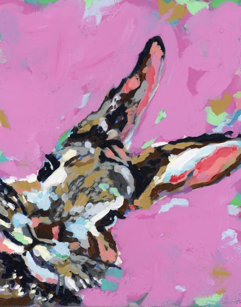 illustration of A close-up painted rabbit head shown in profile facing right, with long upright ears and textured fur rendered in layered brushstrokes of brown, gray, white, and cream. the rabbit’s eye is dark and glossy, set within dense fur strokes. The background is a solid field of pink with scattered mint green and pale blue paint marks and visible brush texture. This artwork is titled “Pink Bunny” and created by Paige Flotterud