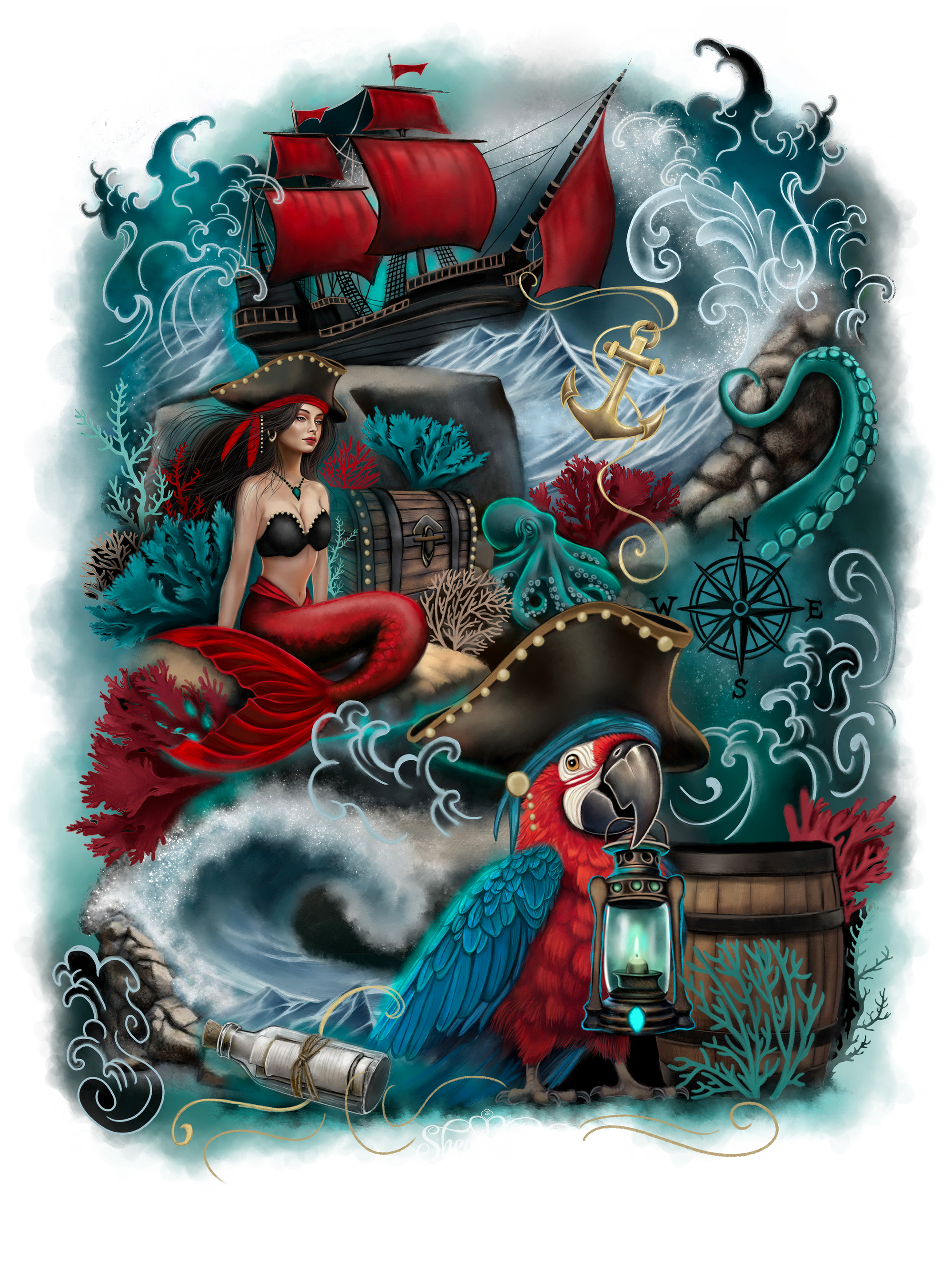 PIRATE COVE by SHEENA PIKE, digitally printed on DENIM products: throw pillows, aprons, table place mats, and hand-made Unisex Denim Jackets in 3 color choices