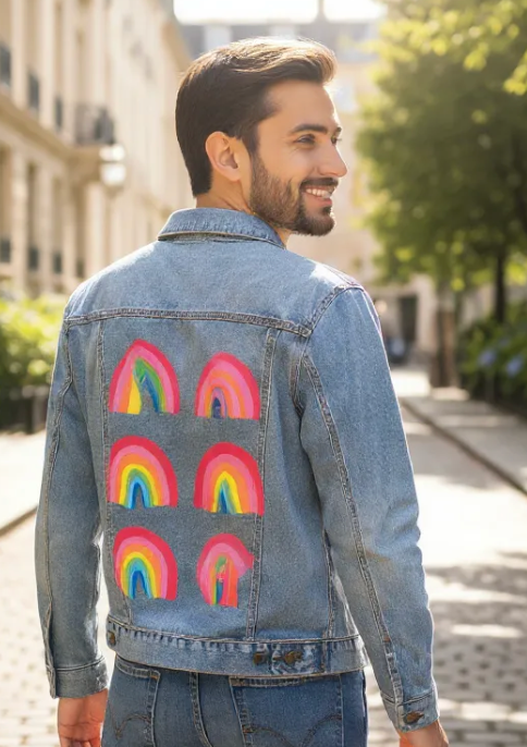 RAINBOW COLLECTION by CatCoq, digitally printed on DENIM products: throw pillows, aprons, table place mats, and hand-made Unisex Denim Jackets in 3 color choices