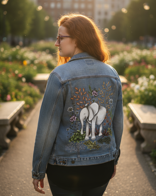 SAFARI ELEPHANT by CECILIA BATTAINI, printed on a hand-made Unisex Denim Jacket