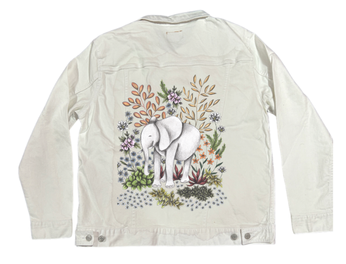 SAFARI ELEPHANT by CECILIA BATTAINI, digitally printed on DENIM products: throw pillows, aprons, table place mats, and hand-made Unisex Denim Jackets in 3 color choices