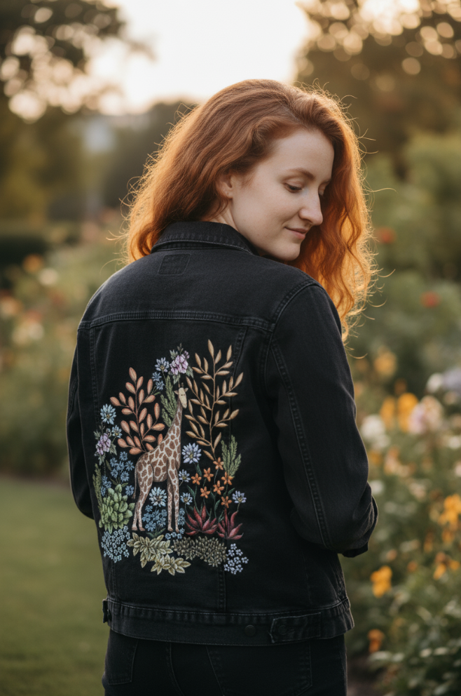 SAFARI GIRAFFE by CECILIA BATTAINI, digitally printed on DENIM products: throw pillows, aprons, table place mats, and hand-made Unisex Denim Jackets in 3 color choices